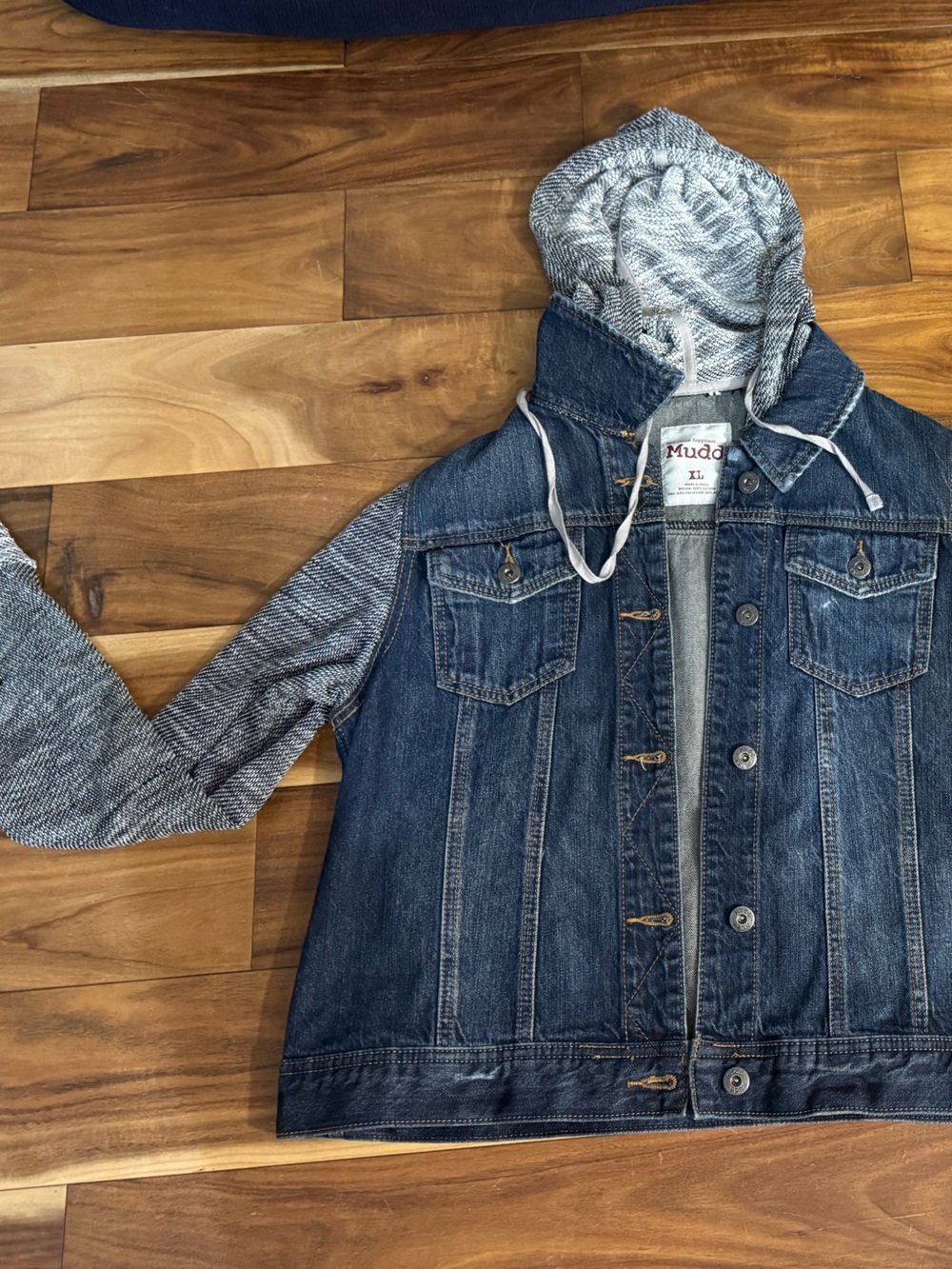 Mudd Two-Tone Denim Jacket with Grey Knit Hood & Sleeves